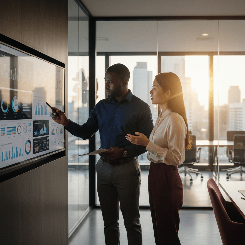 Beam Global Services consultants reviewing GRC analytics dashboards
