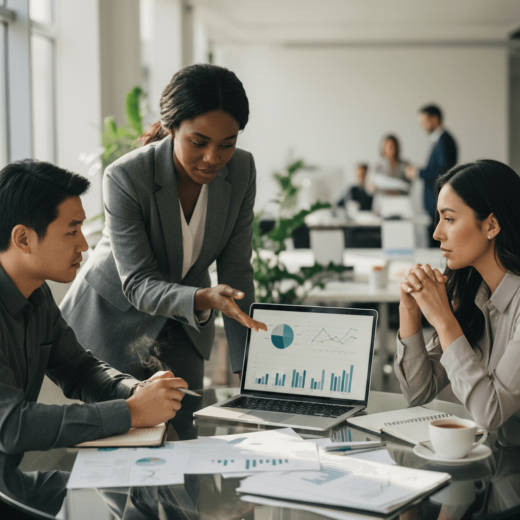 A business team reviewing governance, risk and compliance reports together